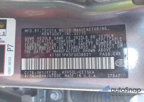 2015 Toyota Camry Se из США, поврежденный, VIN 4T1BF1FK5FU038021